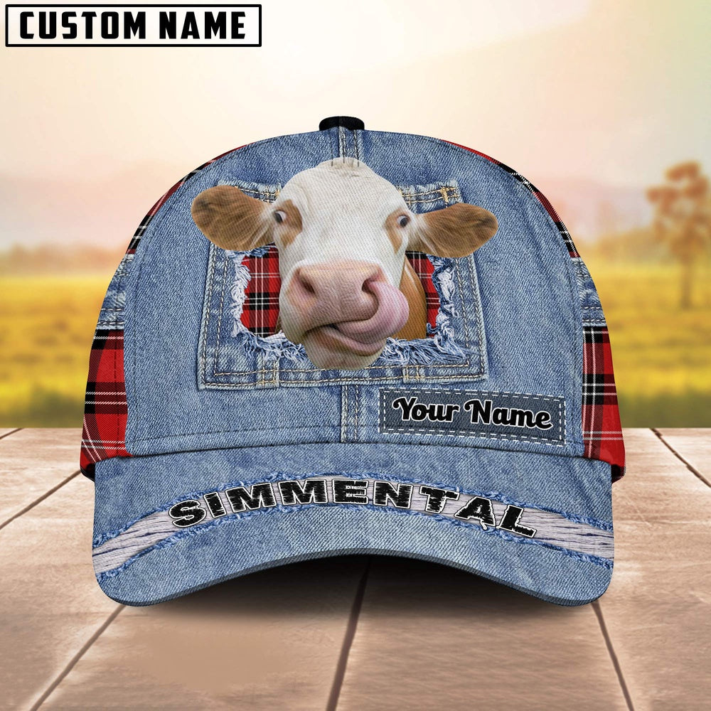 Simmental Overall Jeans Pattern And Red Caro Pattern Customized Name Cap, Farmer Cap, Cap For Farmers, Best Farm Hat, Farm Use Hat