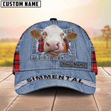 Simmental Overall Jeans Pattern And Red Caro Pattern Customized Name Cap, Farmer Cap, Cap For Farmers, Best Farm Hat, Farm Use Hat