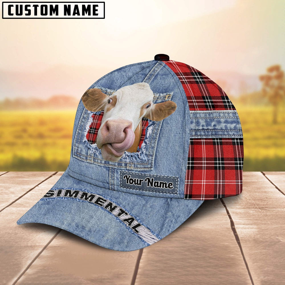 Simmental Overall Jeans Pattern And Red Caro Pattern Customized Name Cap, Farmer Cap, Cap For Farmers, Best Farm Hat, Farm Use Hat