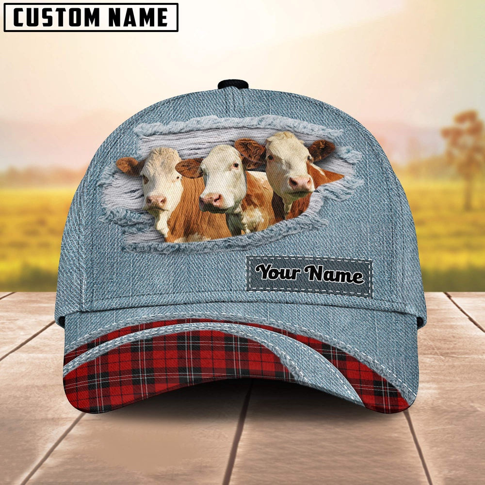 Simmental Red Caro And Jeans Pattern Customized Name Cap, Farmer Cap, Cap For Farmers, Best Farm Hat, Farm Use Hat