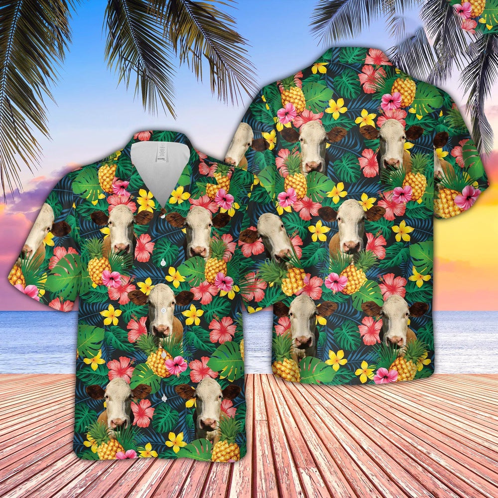 Simmental Summer Pattern Hawaiian Shirt, Farm Hawaiian Shirt, Farmer Hawaii