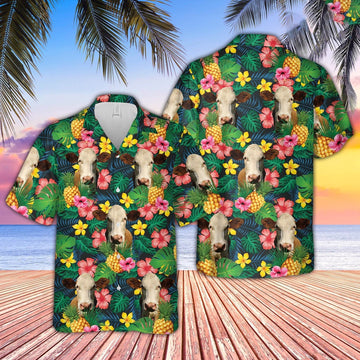 Simmental Summer Pattern Hawaiian Shirt, Farm Hawaiian Shirt, Farmer Hawaii