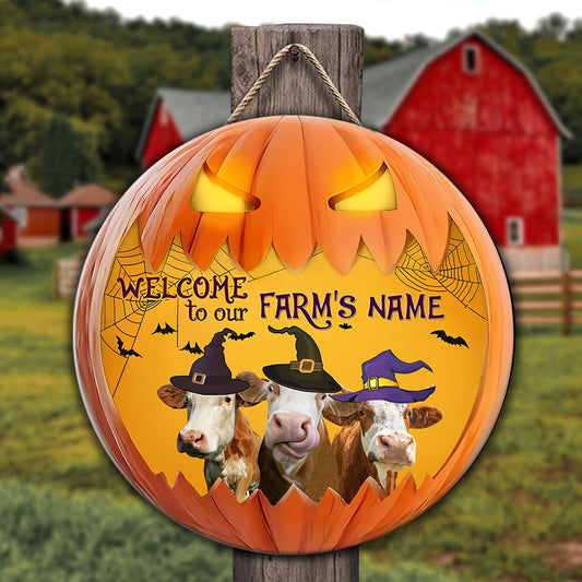 Simmental Welcome To Our Farm Pumpkin Pattern Happy Halloween Wooden Sign, Farm Wood Sign, Farm House Wood Signs