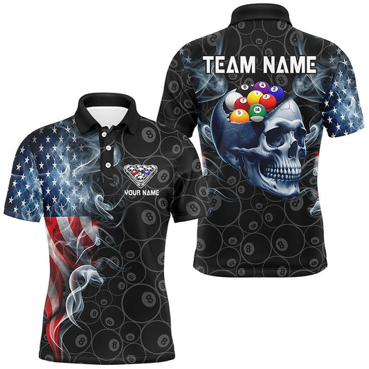 Skull Billiard Balls Custom American Flag Smoke Pool Shirts, Patriotic Billiard Team Polo, Billiard Team Polo Shirts