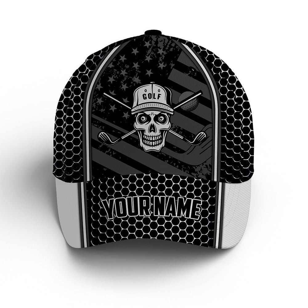 Skull Black American Flag Golf Sun Hats For Men, Custom Name Hats Unisex Baseball Hats, Golf Baseball Cap