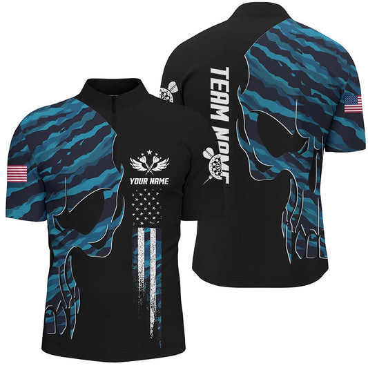 Skull Blue Camouflage American Flag Darts Jersey Shirt Patriotic Dart Jerseys For Me, Darts Team Jersey Shirt