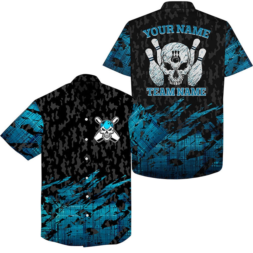 Skull Bowling Hawaiian Shirt, Custom Name And Team Name Bluebowling Skeleton, Team Bowling Shirts, Bowling Team Hawaiian
