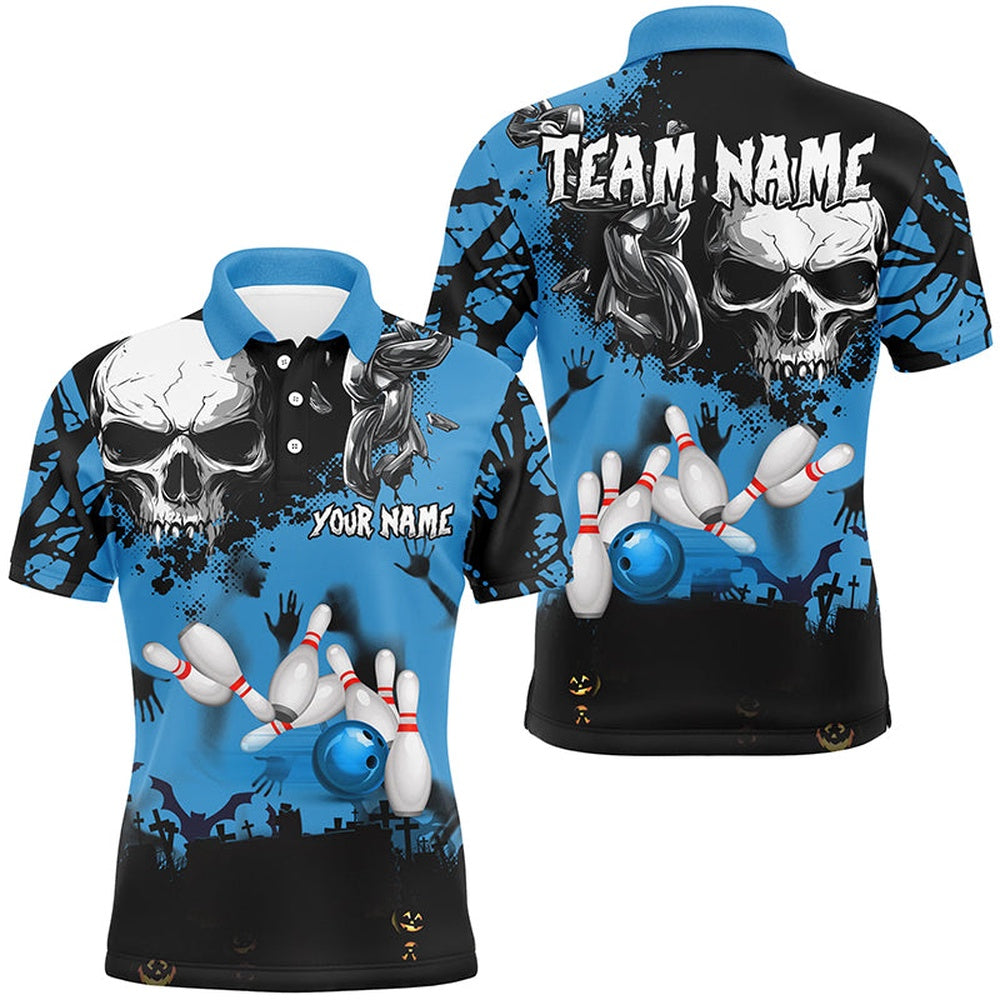 Skull Bowling Shirts For Men Custom Halloween Bowling Team League Polo, Gift For Bowlers Blue, Bowling Team Shirts