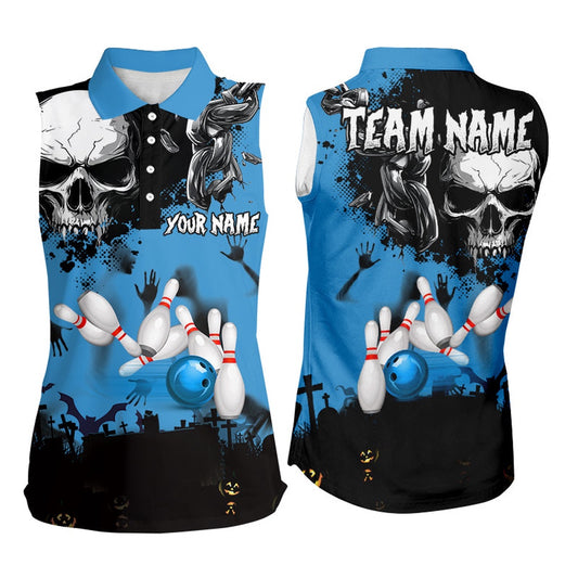Skull Bowling Sleeveless Polos Custom Halloween Bowling Team League Polo, Gift For Bowlers Blue, Women Bowling Shirts