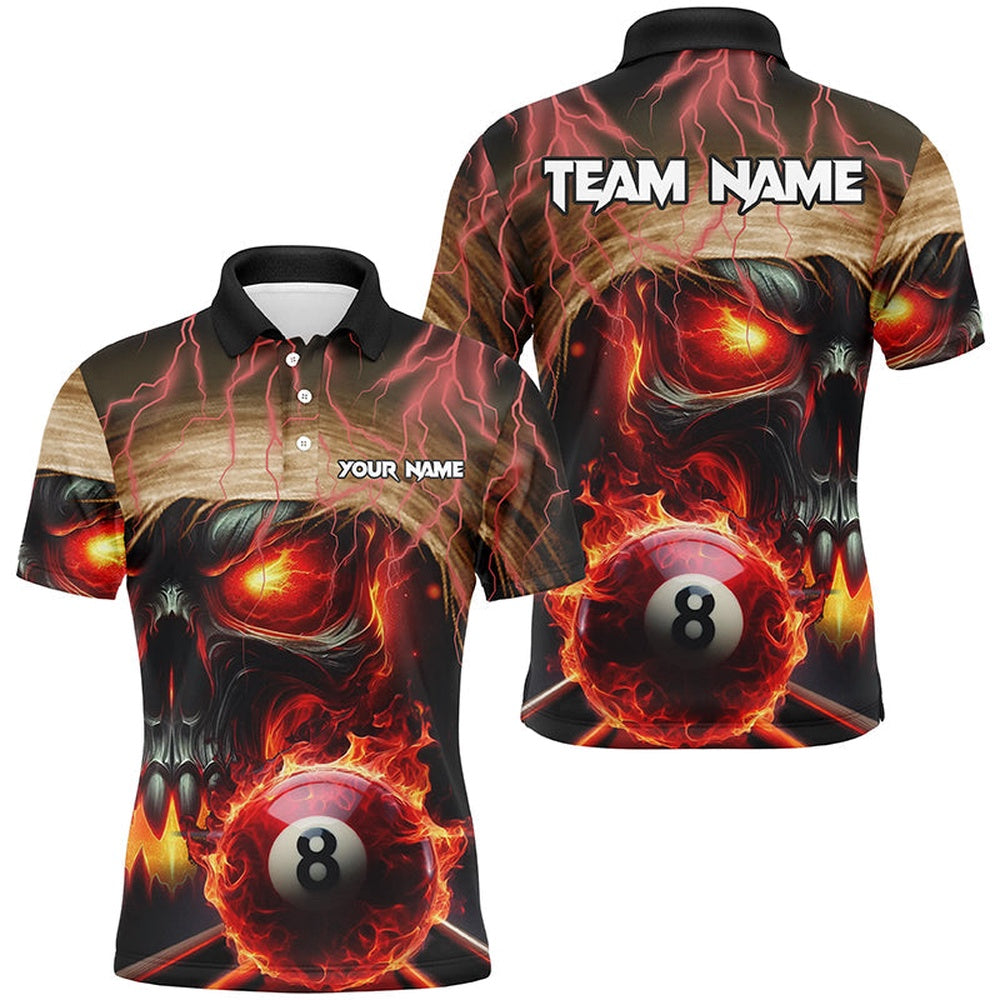 Skull Burning 8 Ball Pool Fire Custom 3D Printed Billiard Shirts, Flame Billiard Polo, Billiard Team Polo Shirts