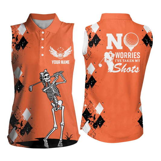 Skull Womens Sleeveless Polo Shirt Argyle Pattern Orange Golf Shirts For Ladies Halloween Golf Gifts, Women Golf Shirts