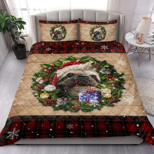 Sloth Wearing Wreath Amas Hat Boxes Red Buffalo Plaid Bedding Set, Christmas Beddings, Xmas Bedding Sets