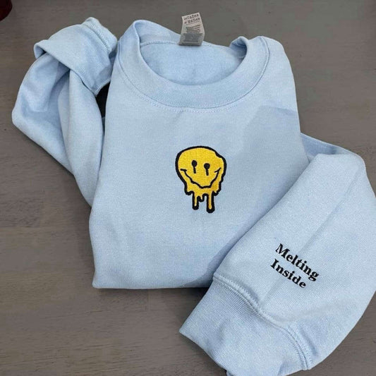 Smiley Face Embroidered Sweatshirt Melted Smiley Face Crewneck Gift For Family, Christmas Embroidered, Christmas Gifts