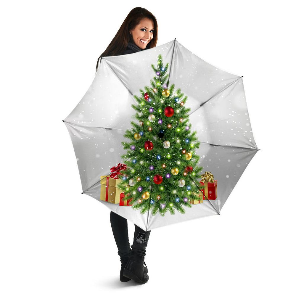 Snow And Christmas Tree Print Umbrella, Christmas Umbrella, Xmas Umbrella