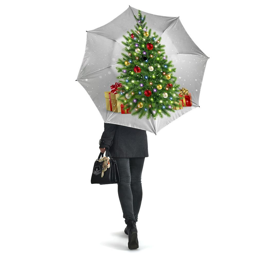 Snow And Christmas Tree Print Umbrella, Christmas Umbrella, Xmas Umbrella