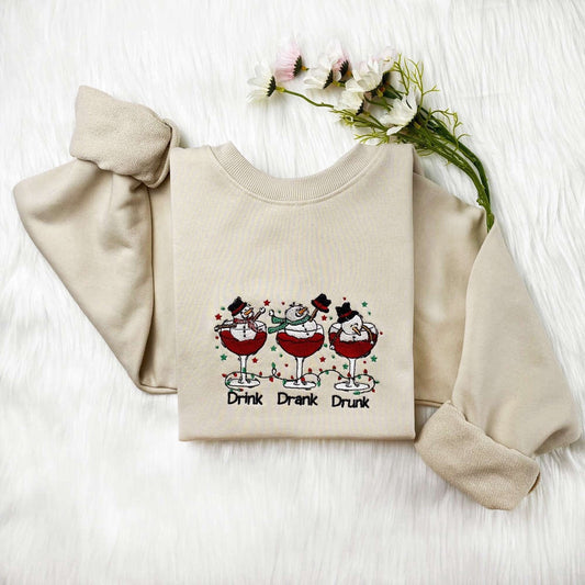 Snowman Drink Drank Drunk Christmas Embroidered Sweatshirt, Gift For Christmas, Christmas Embroidered, Christmas Gifts