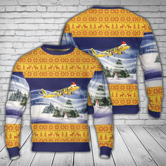 Spirit Airlines AIRBUS A320 NEO Airplane Christmas AOP Sweater, Christmas Ugly Sweater, Sweater Xmas, Ugly Sweater