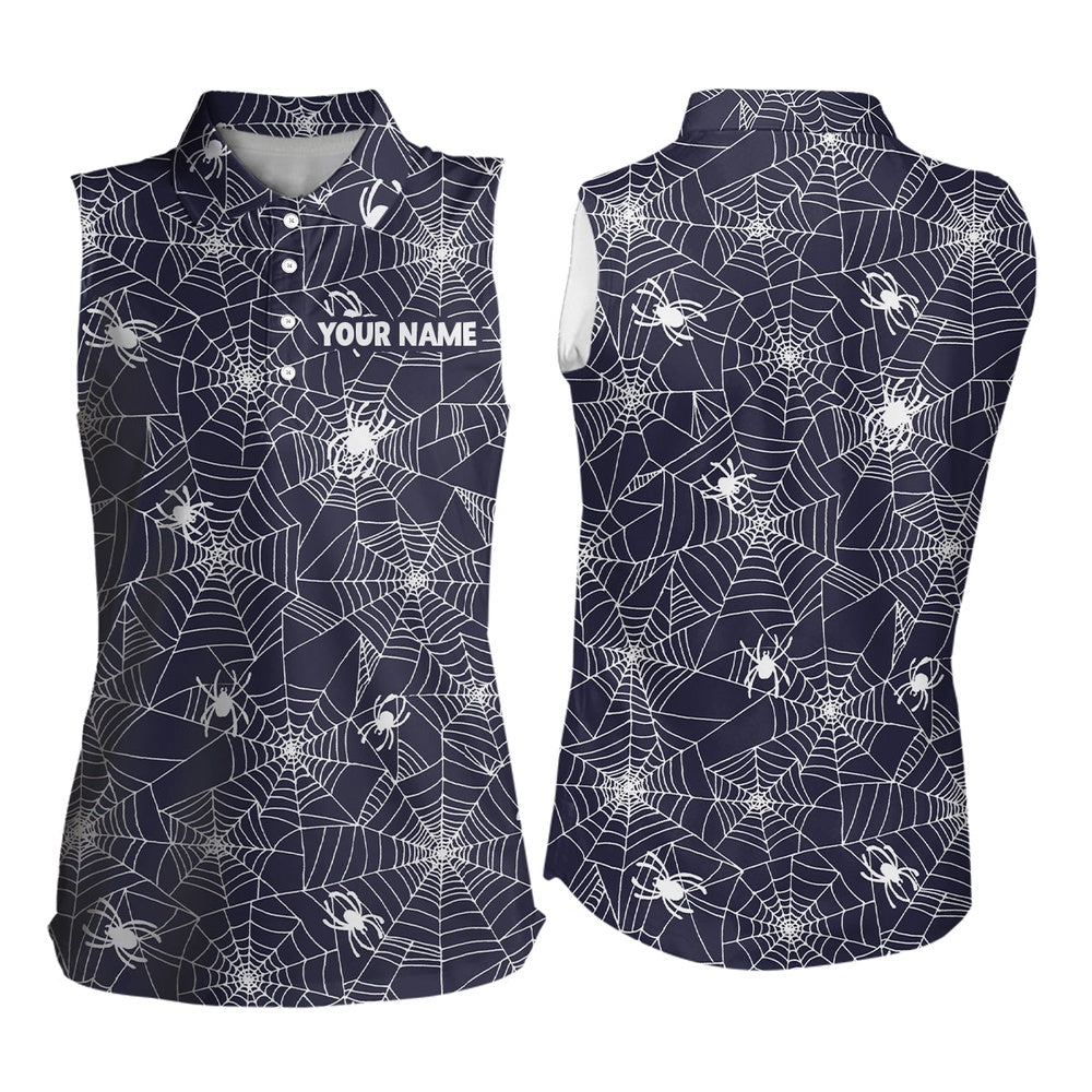 Spooky White Spiders On Cobweb Navy Halloween Sleeveless Golf Polo Shirts Custom Golf Gifts, Women Golf Shirts