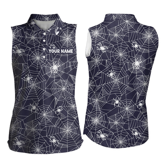 Spooky White Spiders On Cobweb Navy Halloween Sleeveless Golf Polo Shirts Custom Golf Gifts, Women Golf Shirts