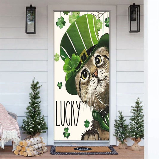 St Patricks Day Lucky Cat And Shamrock Clover Door Cover, Patricks Day Home Door, Patrick Day Home Decor