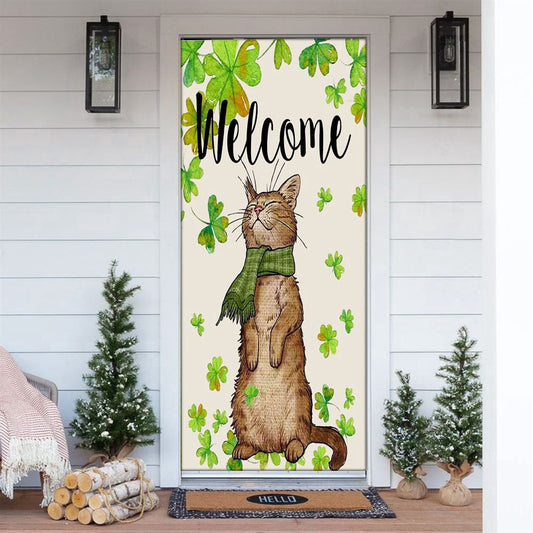 St Patricks Day Welcome Cat And Shamrock Clover Door Cover, Patricks Day Home Door, Patrick Day Home Decor