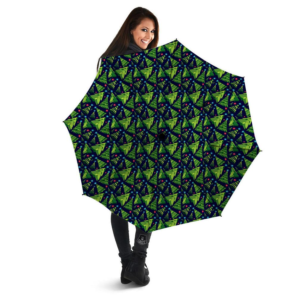 Star And Christmas Tree Print Pattern Umbrella, Christmas Umbrella, Xmas Umbrella