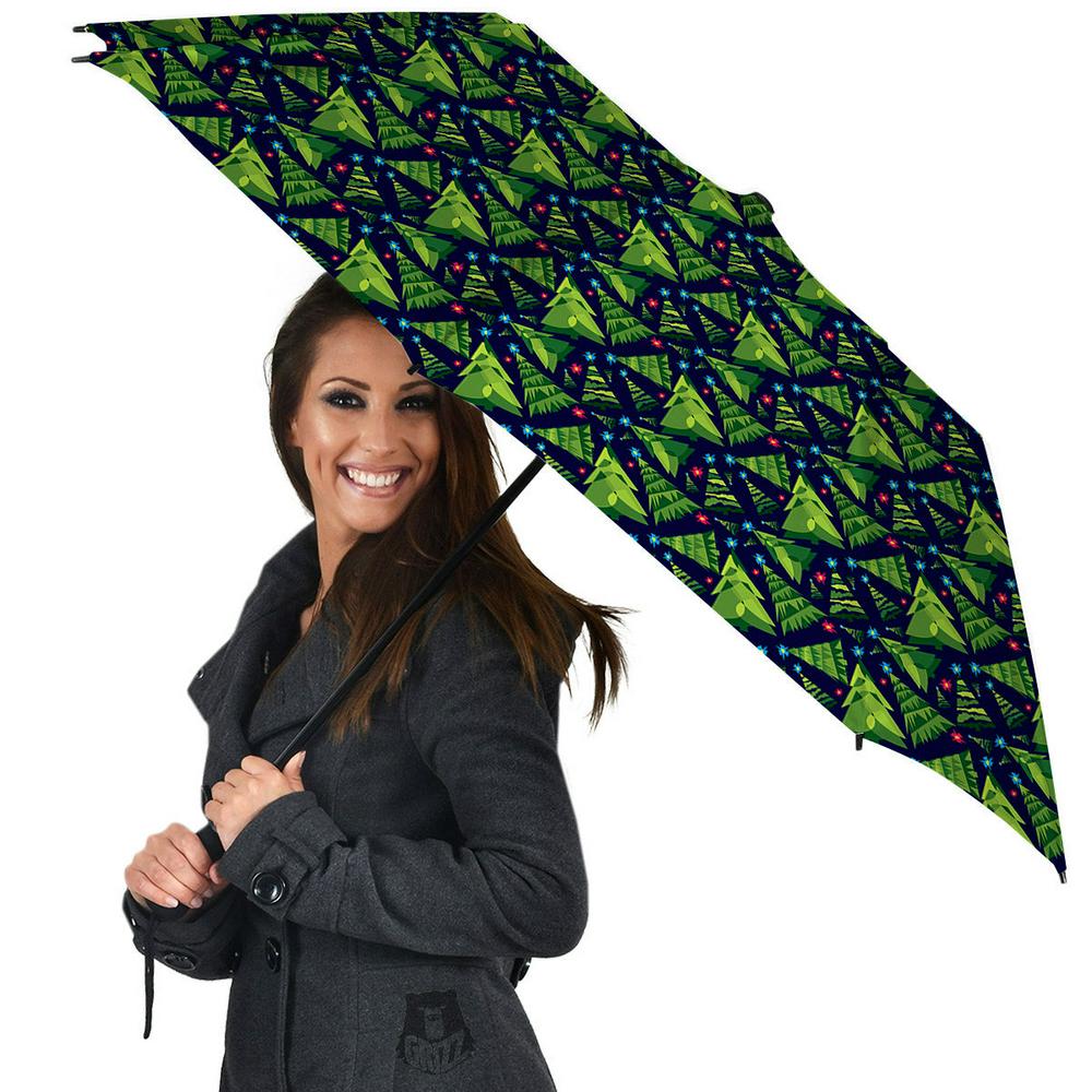 Star And Christmas Tree Print Pattern Umbrella, Christmas Umbrella, Xmas Umbrella