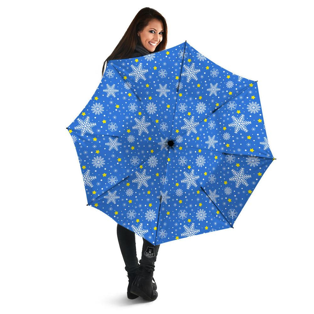 Stars And Christmas Snowflakes Print Umbrella, Christmas Umbrella, Xmas Umbrella