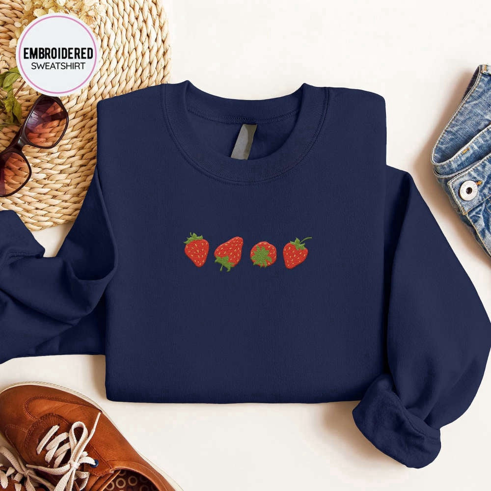 Strawberries Embroidered Sweatshirt 2D Crewneck Sweatshirt For Women And Women, Christmas Embroidered, Christmas Gifts