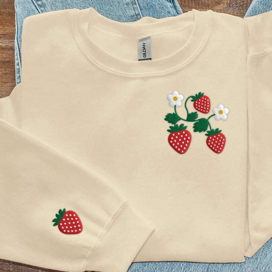Strawberry Embroidered Sweatshirt 2D Crewneck Sweatshirt For Family, Christmas Embroidered, Christmas Gifts