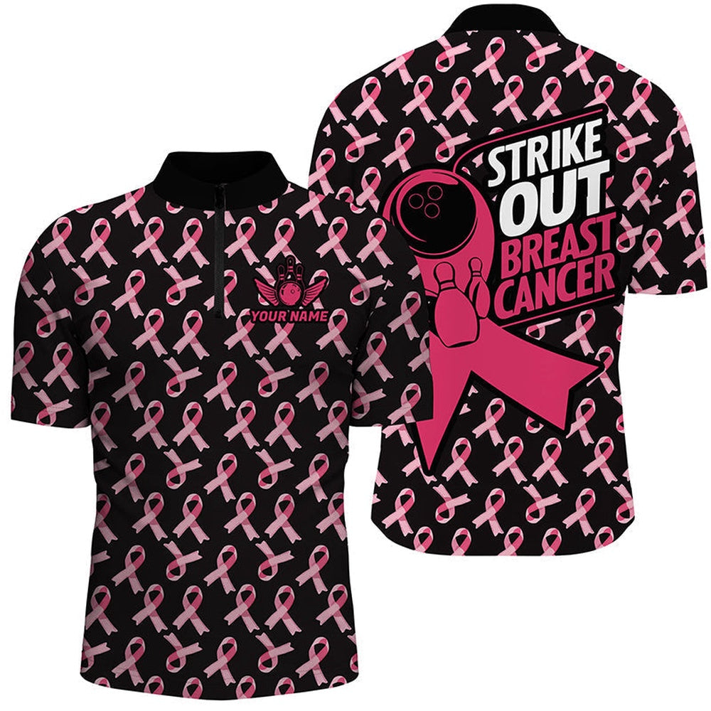 Strike Out Breast Cancer Pink Ribbon Pattern Custom Bowling Shirts For Men Bowling Jerseys , Bowling Jersey Shirt