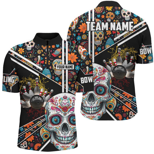 Sugar Skull Pattern Custom Mens Team Bowling Polo, Jersey Shirt, Halloween Team Bowling Jerseys, Bowling Jersey Shirt