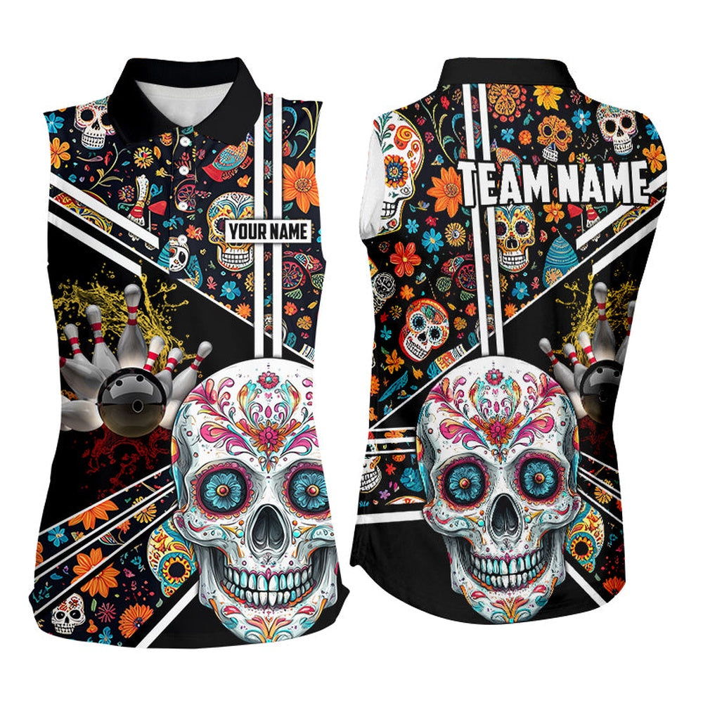 Sugar Skull Pattern Custom Women Team Bowling Sleeveless Polo Shirts, Halloween Team Bowling Polo, Women Bowling Shirts