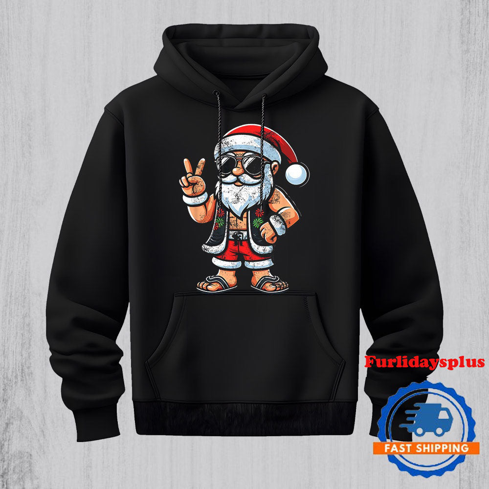 Summer Santa Xmas Funny Christmas in August Peace Hand Hoodie, Christmas T Shirt, Christmas Sweatshirt