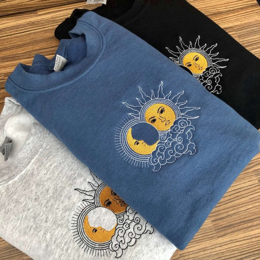 Sun And Moon Embroidered Sweatshirt 2D Crewneck Sweatshirt Best Gift For Family, Christmas Embroidered, Christmas Gifts