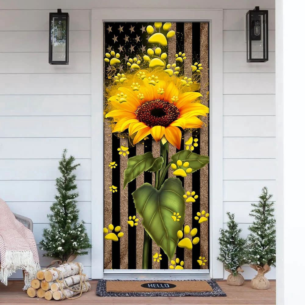 Sunflower Dog Paw Door Cover, Xmas Outdoor Decoration, Gifts For Dog Lovers, Christmas Gift Decor