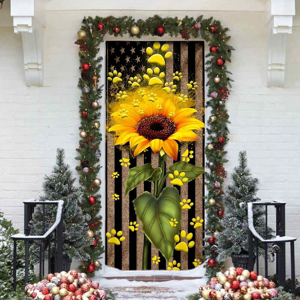 Sunflower Dog Paw Door Cover, Xmas Outdoor Decoration, Gifts For Dog Lovers, Christmas Gift Decor