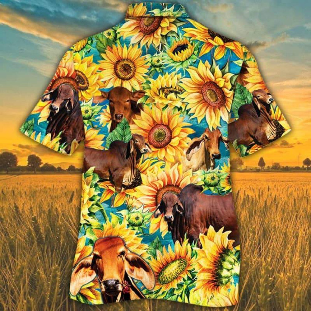 Sunflower Red Brahman Cattle Hawaiian Shirt, Farm Hawaiian Shirt, Farmer Hawaii