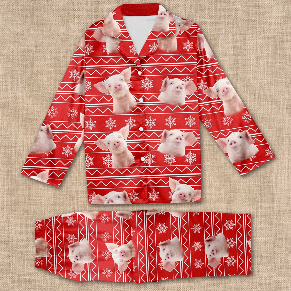 Swine Pig Christmas Pattern All Over Print Pajamas Sets, Farm Pajamas, Farm Animal Pajamas, Christmas Farm Pajamas