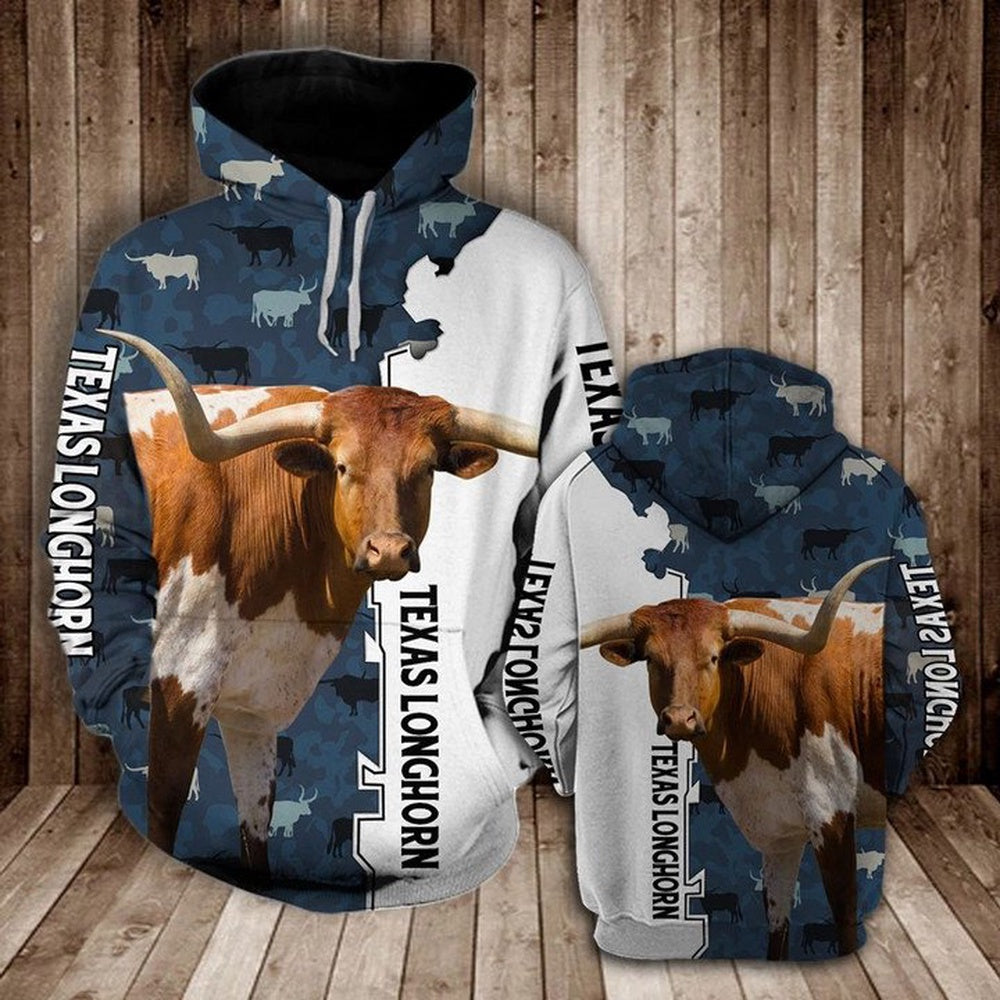 TEXAS LONGHORN HALF CAMO All Over Printed Hoodie, Farmer Hoodie, Farm Themed Shirts, Farm Tee Shirts