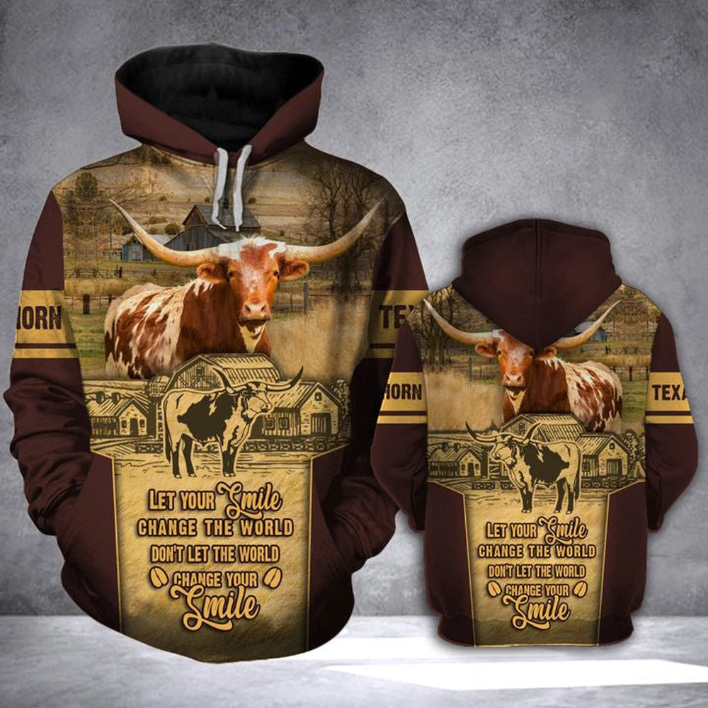 TEXAS LONGHORN SMILE All Over Printed Hoodie, Farmer Hoodie, Farm Themed Shirts, Farm Tee Shirts