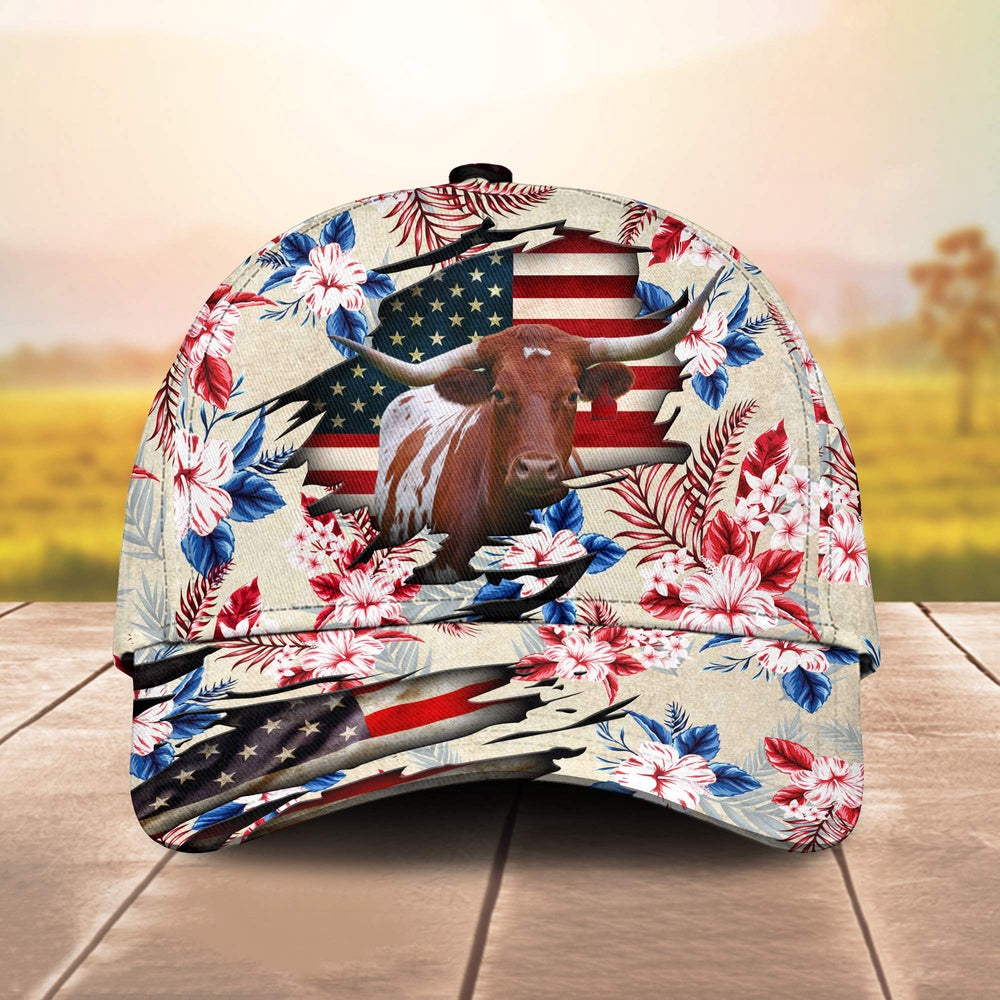 TX Longhorn American Flag Flowers Pattern Cap, Farmer Cap, Vintage Farmer Hat, Mens Farmer Hats, Cap For Farmers