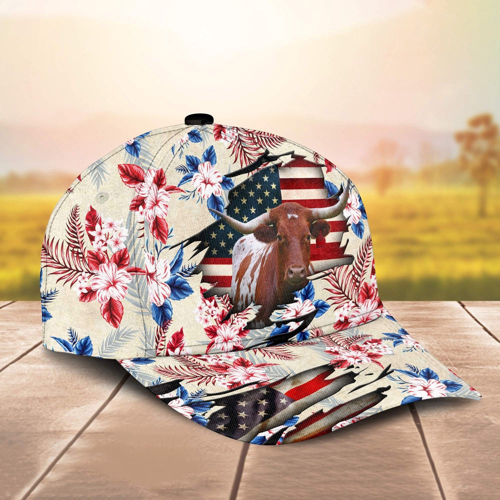 TX Longhorn American Flag Flowers Pattern Cap, Farmer Cap, Vintage Farmer Hat, Mens Farmer Hats, Cap For Farmers