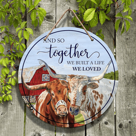 TX Longhorn Cattle Lovers And So Together Round Happy Halloween Wooden Sign, Farm Wood Sign, Farmhouse Decor Wooden Signs