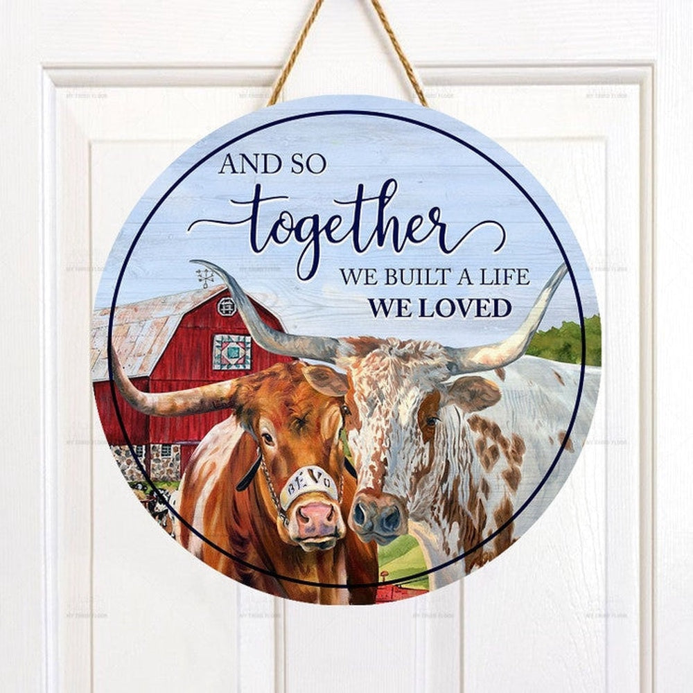 TX Longhorn Cattle Lovers And So Together Round Happy Halloween Wooden Sign, Farm Wood Sign, Farmhouse Decor Wooden Signs