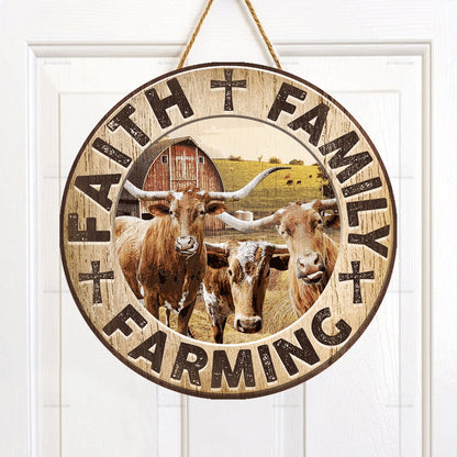 TX Longhorn Cattle Lovers Faith Family Farming Round Wooden Sign, Farm Wood Sign, Farmhouse Decor Wooden Signs