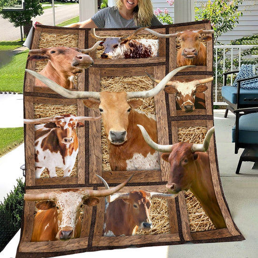 TX Longhorn In Farm All Printed 3D Blanket, Farm Blanket, Farm Animal Blanket