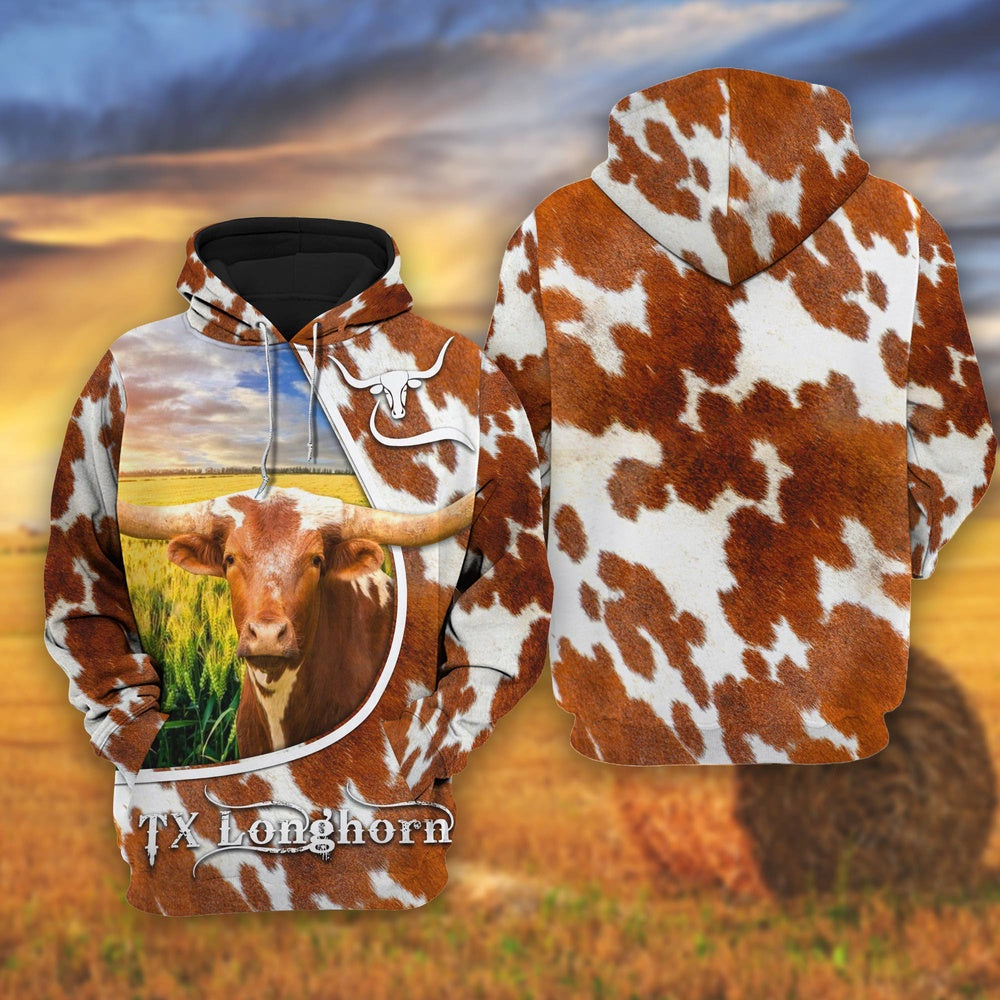 TX Longhorn On The Wheat Field All Over Printed Shirts, Farmer Hoodie, Farm Themed Shirts, Farm Tee Shirts