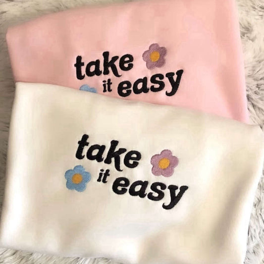 Take It Easy Embroidered Sweatshirt 2D Crewneck Sweatshirt Gift For Family, Christmas Embroidered, Christmas Gifts
