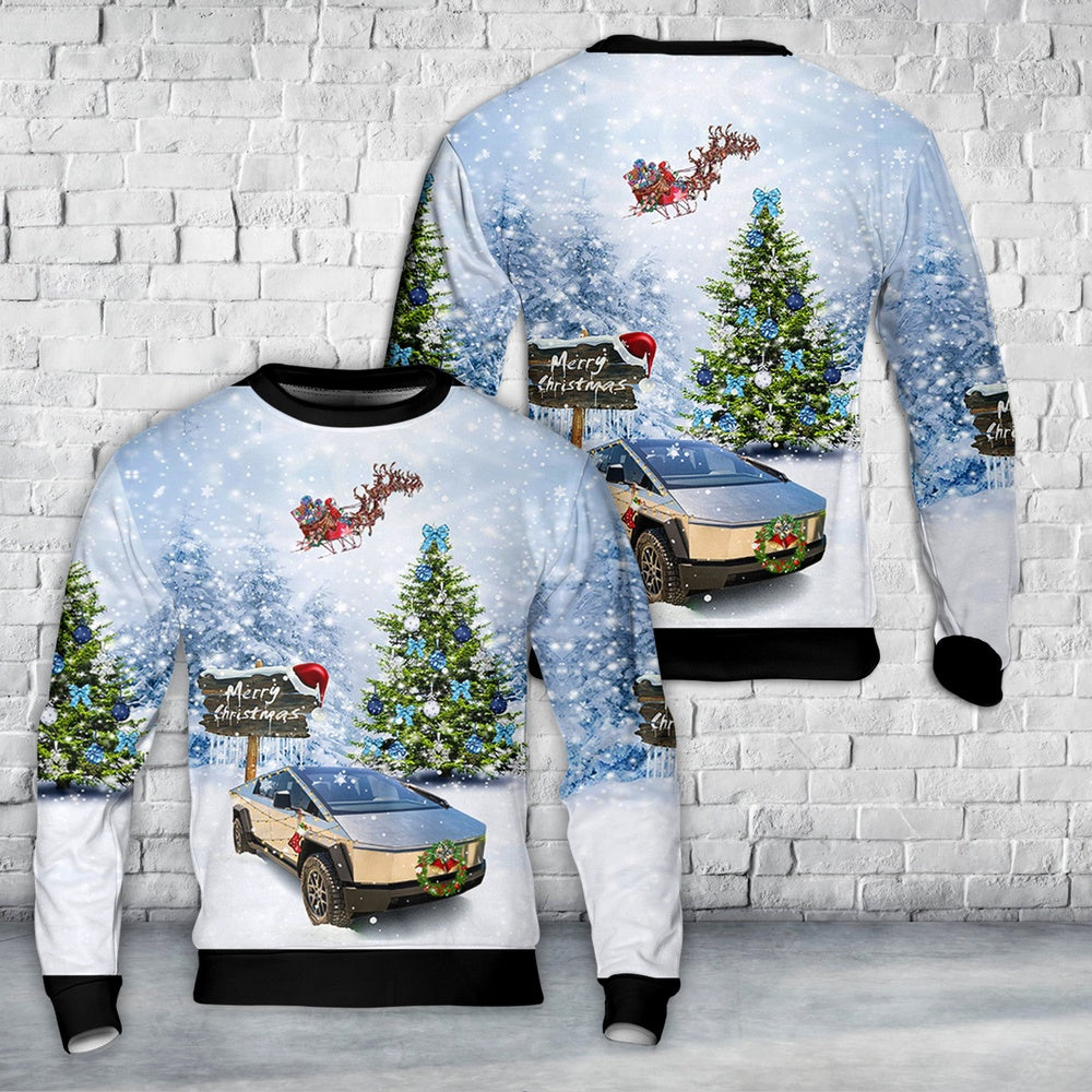 Tesla Cybertruck Christmas AOP Sweater, Christmas Ugly Sweater, Sweater Xmas, Ugly Sweater